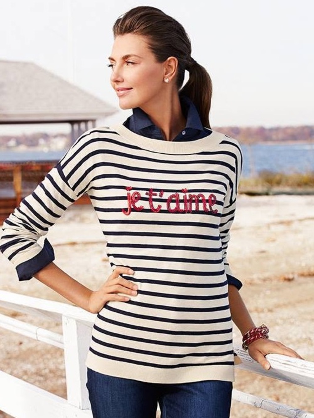 TALBOTS L Je t’aime Sequin I Love You Striped Sweater Tee Bateau Neck Nautical